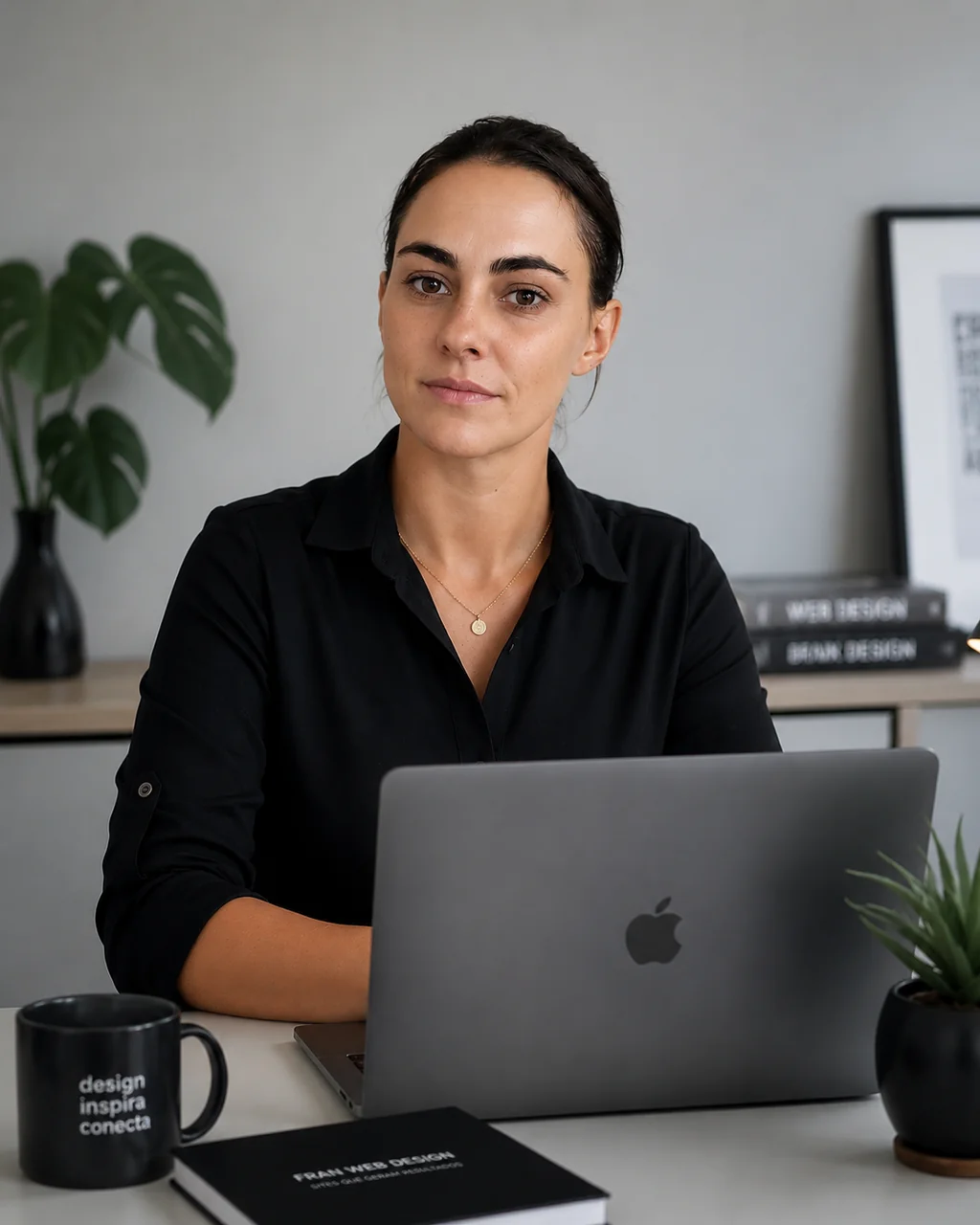 Fran, especialista em criação de sites para pequenas empresas, trabalhando em seu escritório