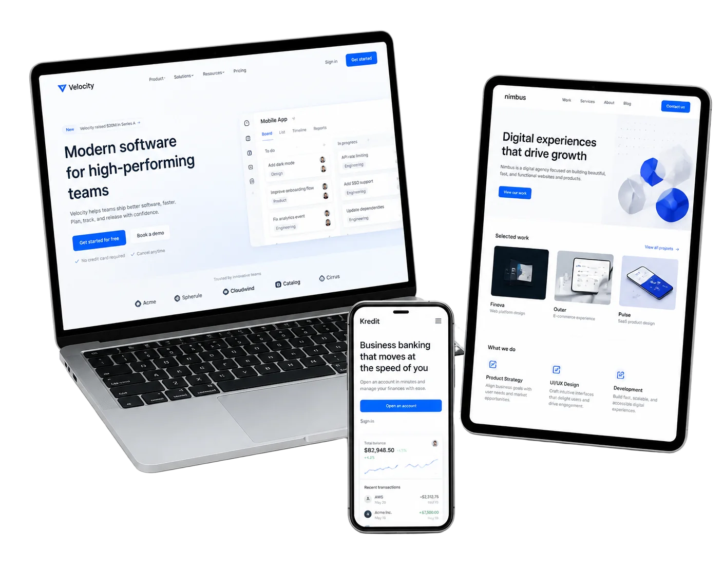 Notebook, tablet e smartphone exibindo sites profissionais desenvolvidos pela Fran Web Design